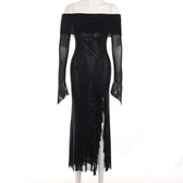 Off shoulder slit sheer mesh see through long sleeve maxi dress 3