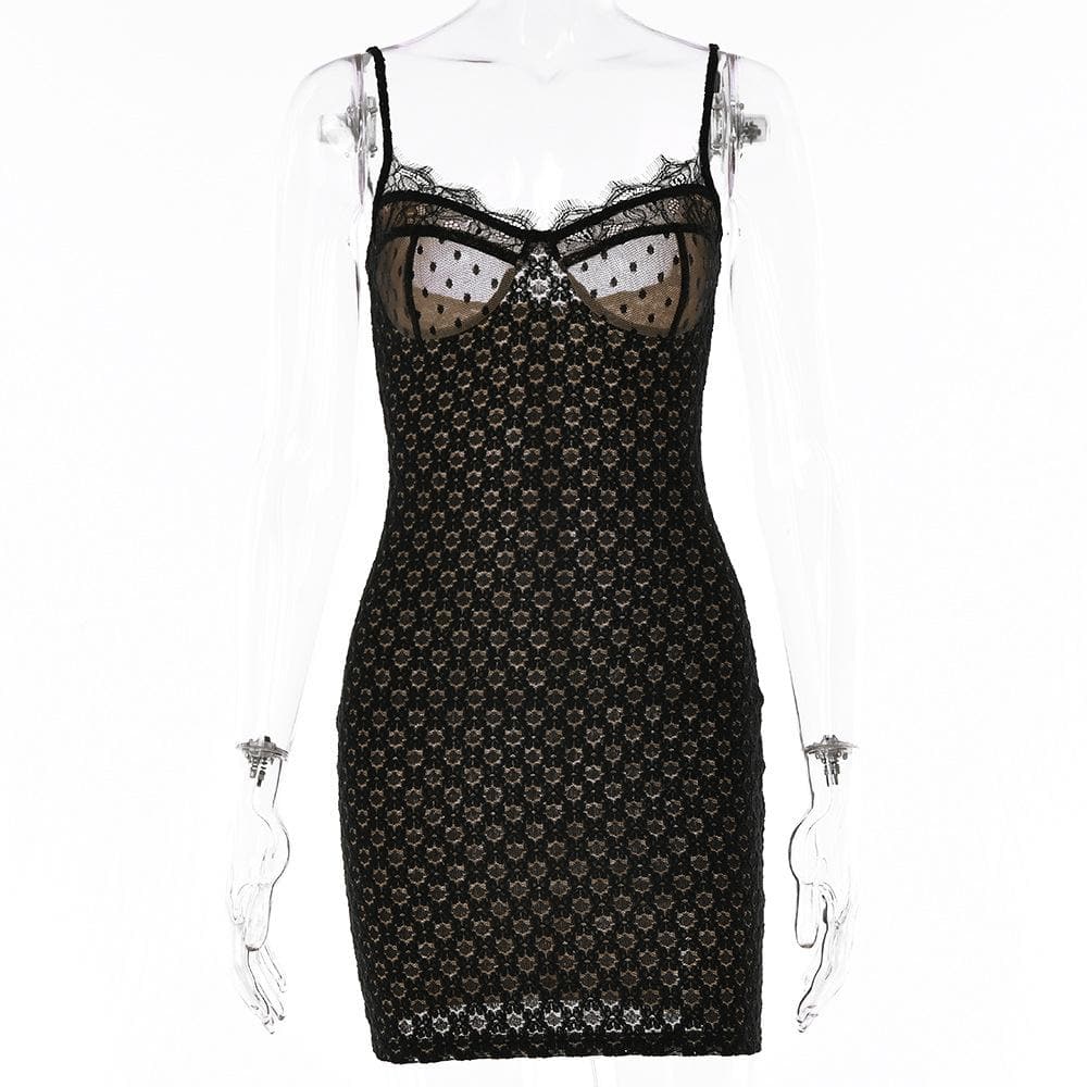 Mesh contrast lace hem zip-up backless cami mini dress 9