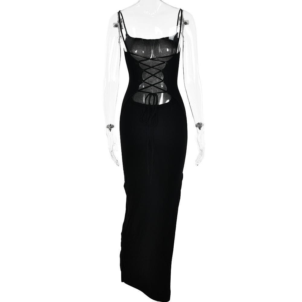 Lace up square neck slit solid backless cami maxi dress 4