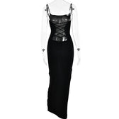 Lace up square neck slit solid backless cami maxi dress 4