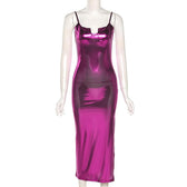 Metallic notch neck slit backless cami midi dress 2