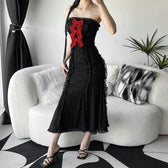 Lace contrast bowknot zip-up ruffle backless tube maxi dress 3