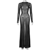 Long sleeve lace up sheer mesh see through maxi dress 2