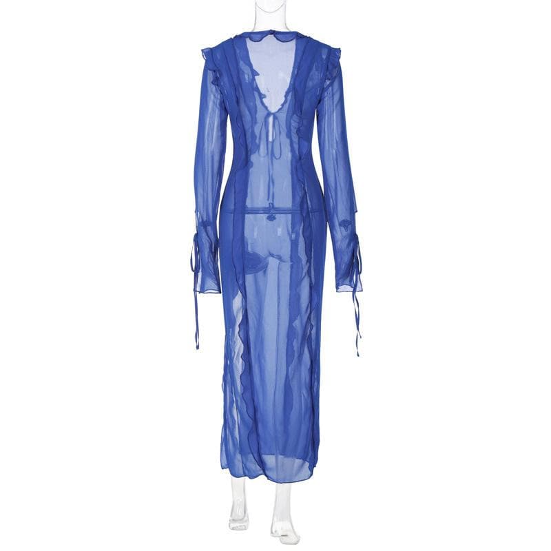 Slit chiffon see through long sleeve v neck self tie maxi dress 7