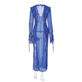Slit chiffon see through long sleeve v neck self tie maxi dress 7