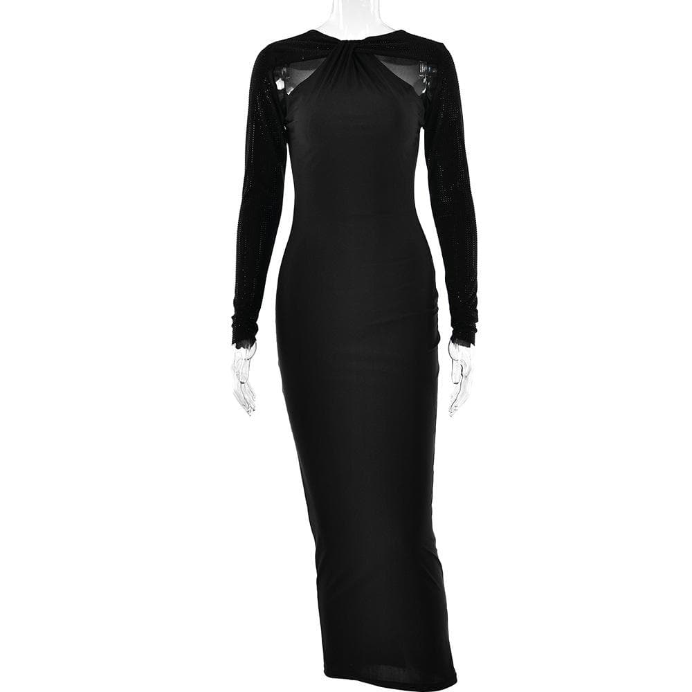 Long sleeve beaded zip-up hollow out patchwork maxi dress 4
