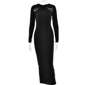 Long sleeve beaded zip-up hollow out patchwork maxi dress 4