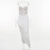 Lace contrast corset sweetheart neck ruffle irregular cami maxi dress 8
