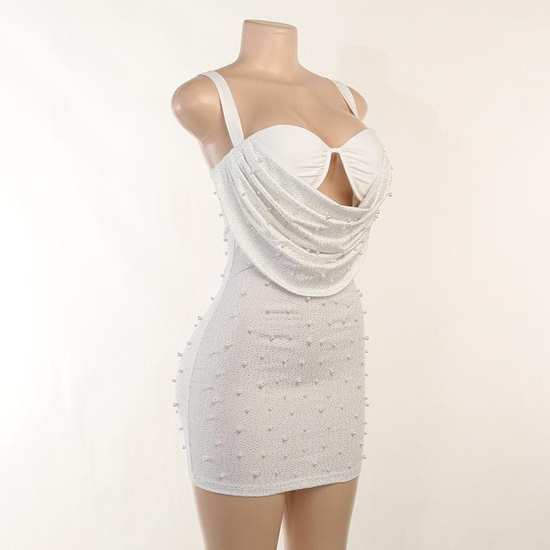 Sleeveless solid ruched beaded hollow out backless cowl neck cami dress 4