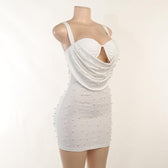 Sleeveless solid ruched beaded hollow out backless cowl neck cami dress 4
