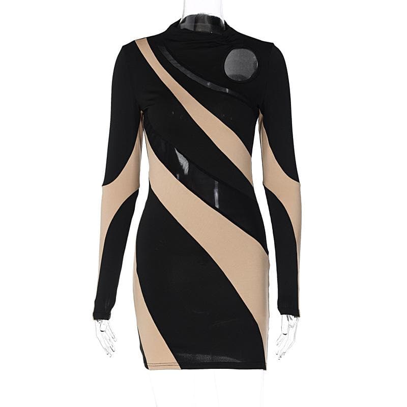 Long sleeve mesh contrast patchwork hollow out mini dress 2