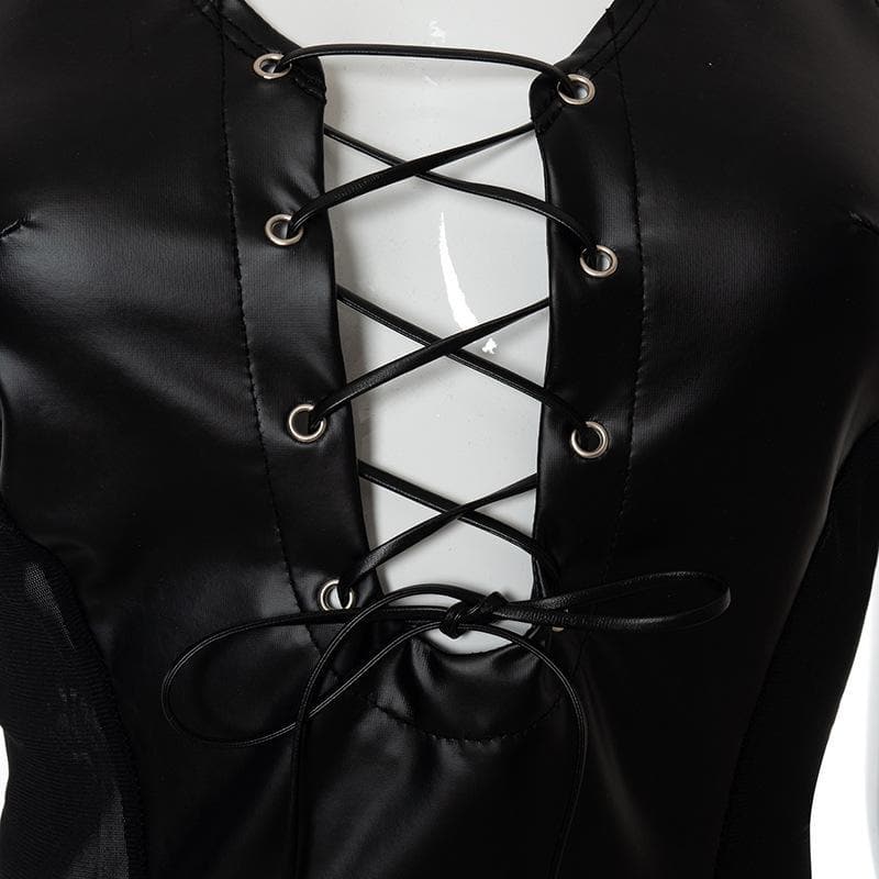 Faux Leather Lace Up Halter Neck Mesh Panel Bodycon Mini Dress 6
