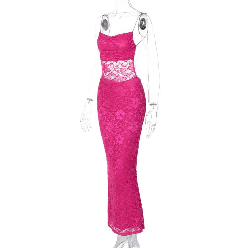 Lace solid square neck ruched spaghetti strap backless maxi dress 3