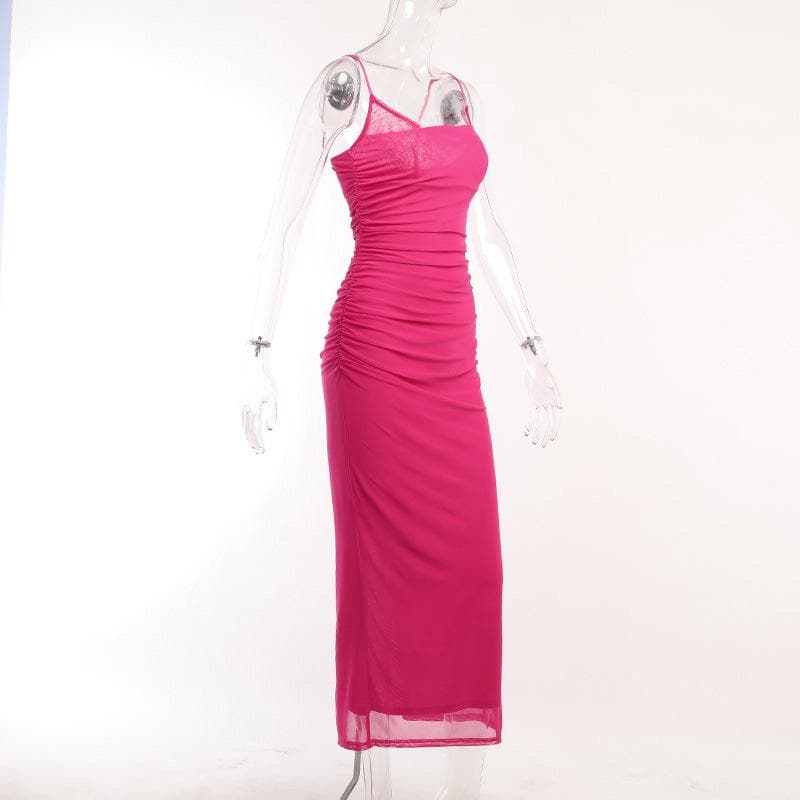 Mesh ruched slit square neck solid backless cami midi dress 4