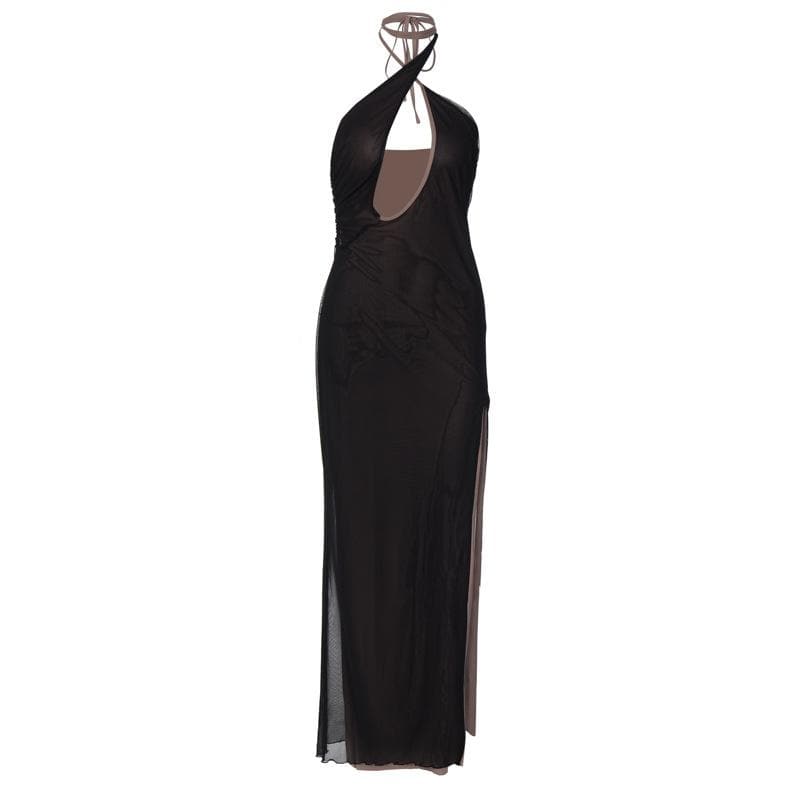 Slit mesh cross front hollow out ruched backless maxi dress 2