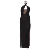 Slit mesh cross front hollow out ruched backless maxi dress 2