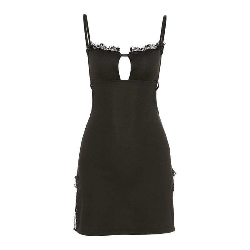 Lace hem solid hollow out backless slit cami mini dress 9