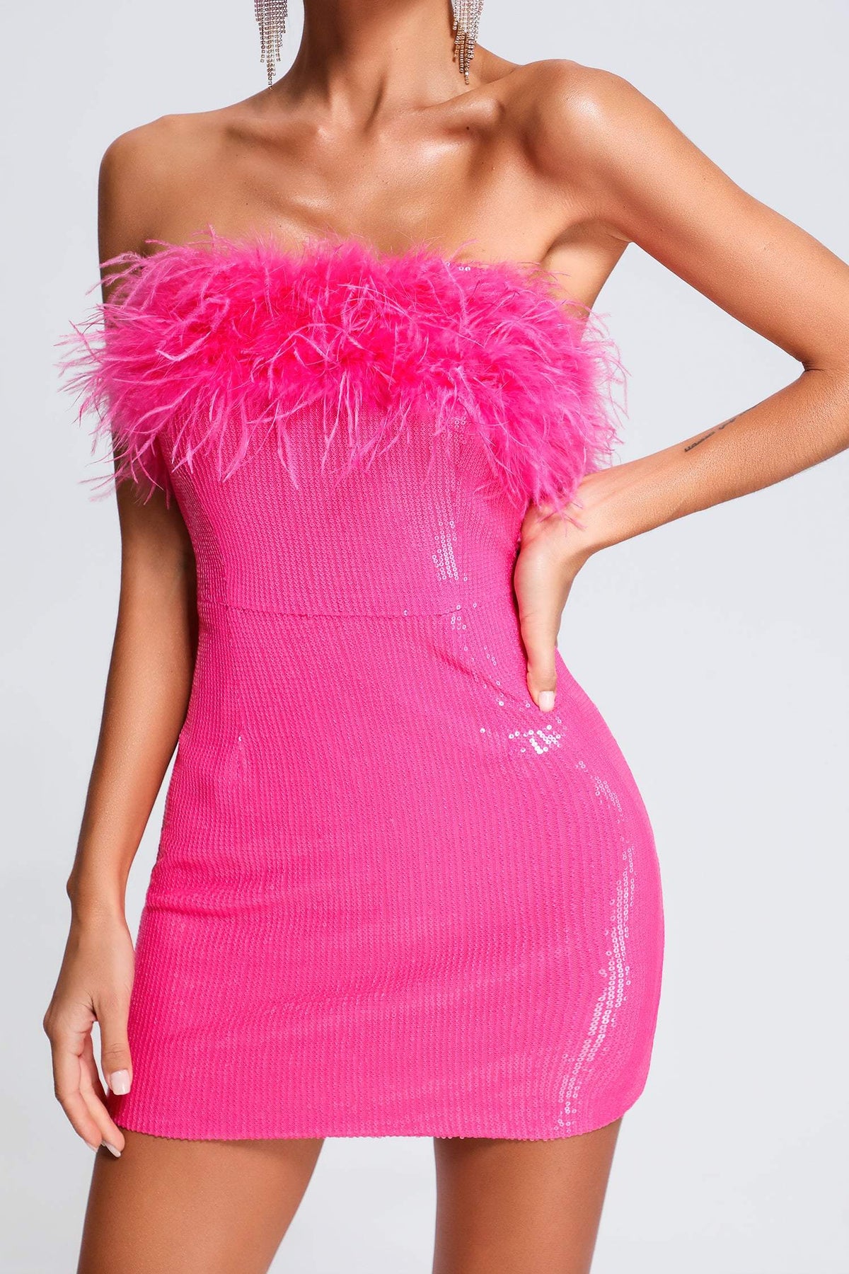Strapless Feather Neckline Sequin Fitted Mini Dress 4