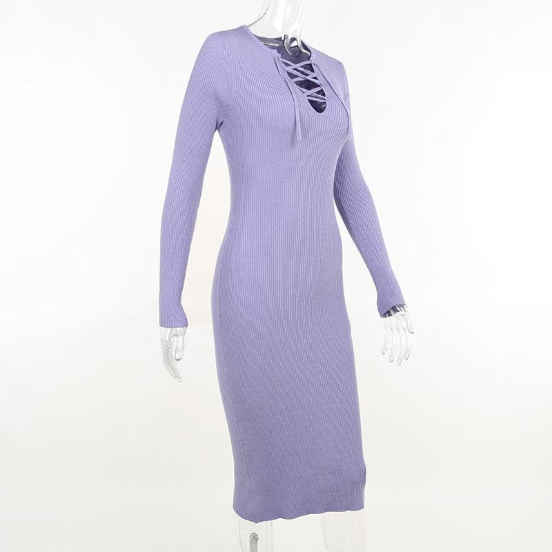 Lace up solid ribbed long sleeve notch neck mini dress 3