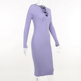 Lace up solid ribbed long sleeve notch neck mini dress 3