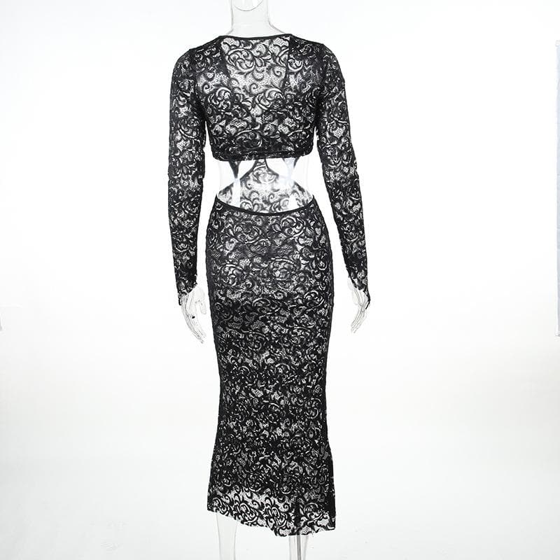 Lace gloves long sleeve button hollow out midi dress 4