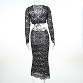 Lace gloves long sleeve button hollow out midi dress 4