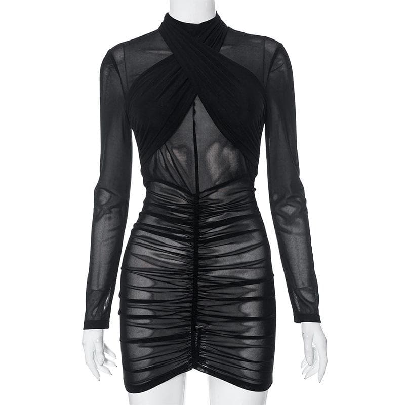 Ruched long sleeve cross front sheer mesh see through mini dress 7