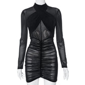 Ruched long sleeve cross front sheer mesh see through mini dress 7