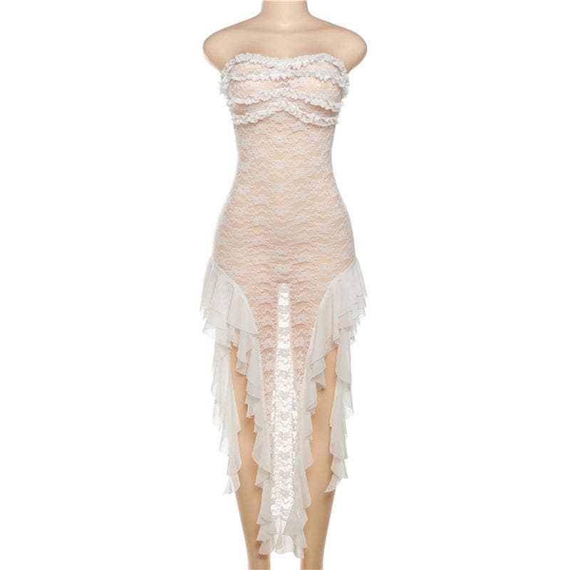 Lace see through ruffle backless slit tube midi dress 9