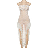 Lace see through ruffle backless slit tube midi dress 9