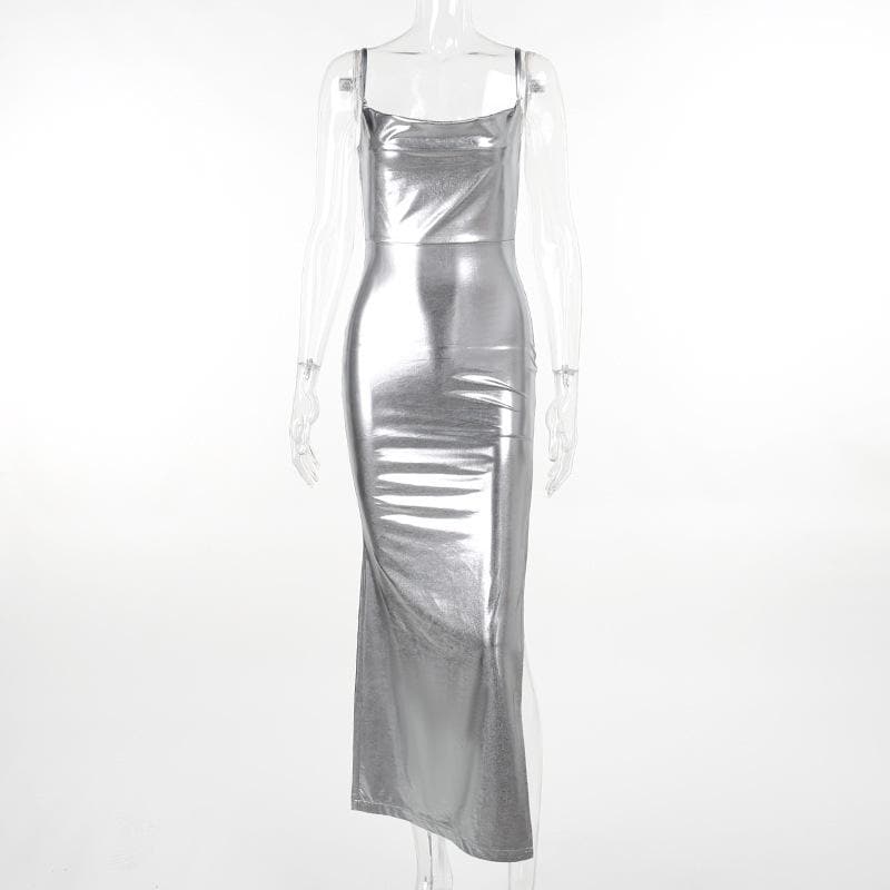 Cowl neck slit backless metallic cami midi dress 2