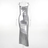 Cowl neck slit backless metallic cami midi dress 2