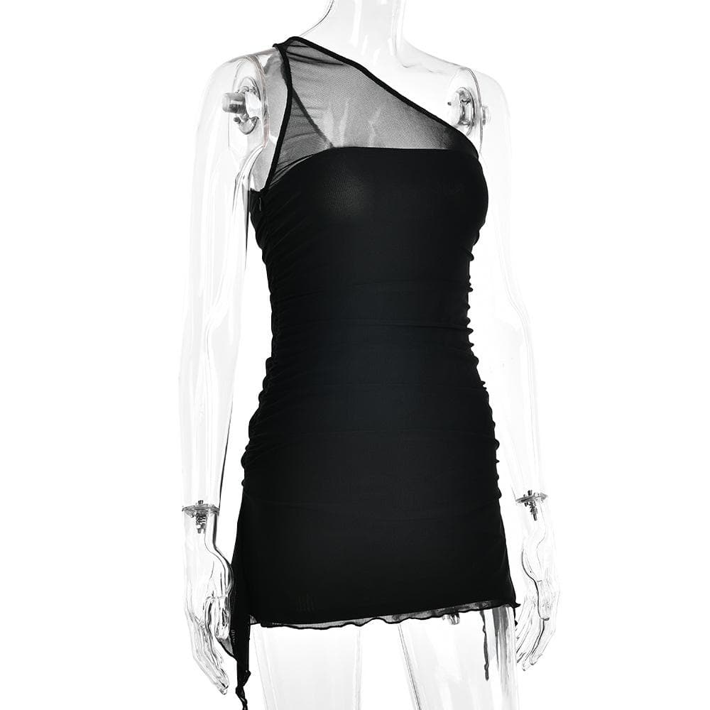 Solid one shoulder mesh patchwork ruffle ruched zip-up mini dress 4