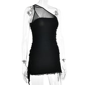 Solid one shoulder mesh patchwork ruffle ruched zip-up mini dress 4