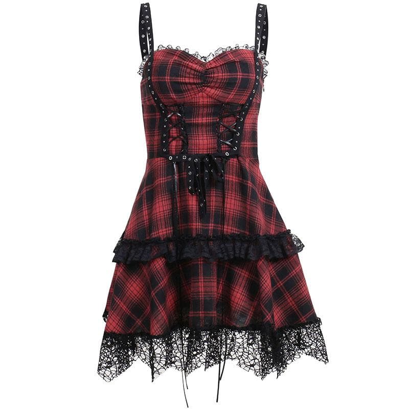 Plaid Lace Trim Lace Up Corset Tiered Cami Mini Dress