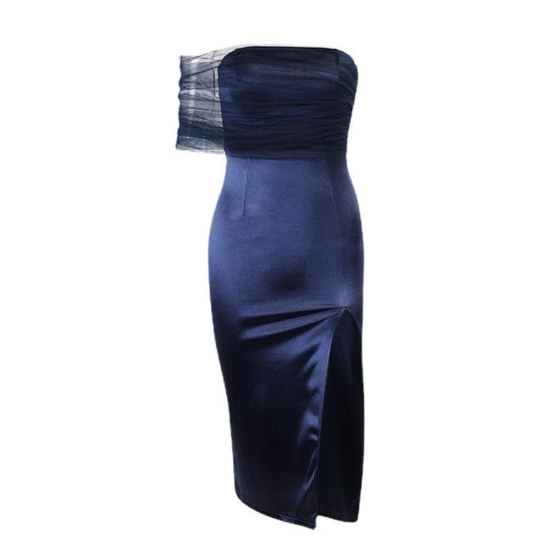 Satin One Shoulder Ruched Mesh Bodice Front Split Midi Dress