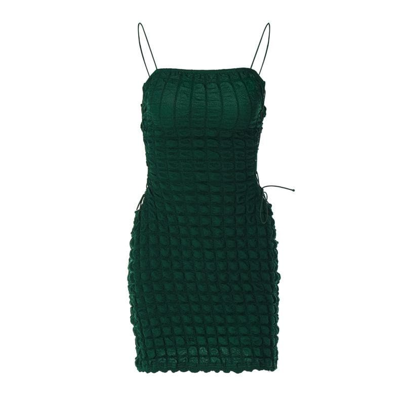 Waffle solid lace up spaghetti strap backless mini dress 9