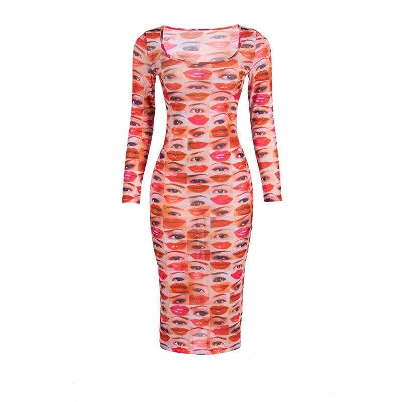 Long sleeve abstract u neck sheer mesh contrast midi dress
