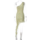 Mesh ripple contrast one shoulder irregular ruffle midi dress 4