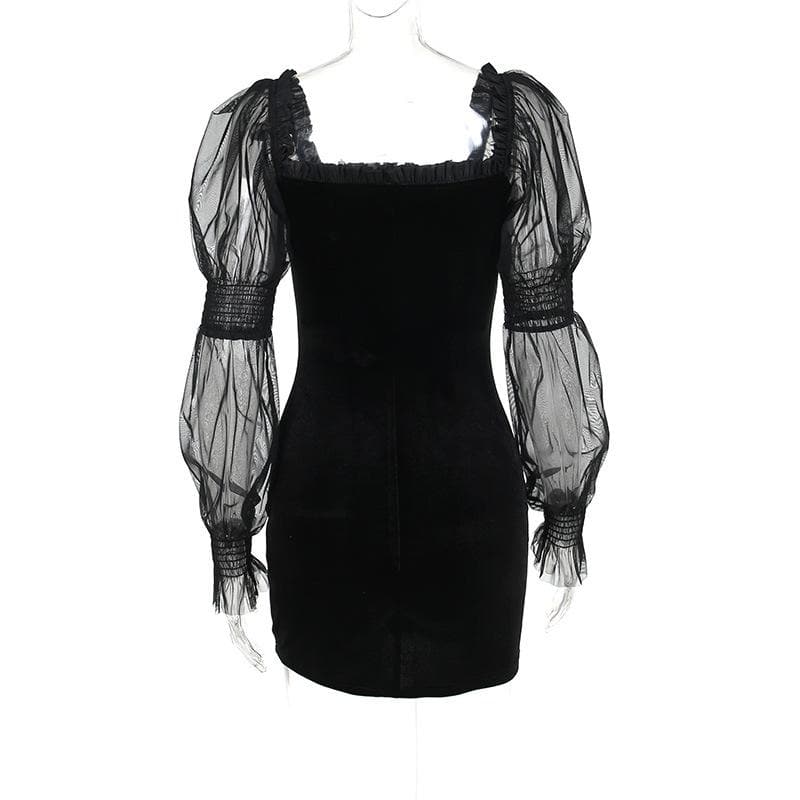 Velvet long puff sleeve ruffle mesh ruched square neck mini dress 4
