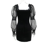 Velvet long puff sleeve ruffle mesh ruched square neck mini dress 4