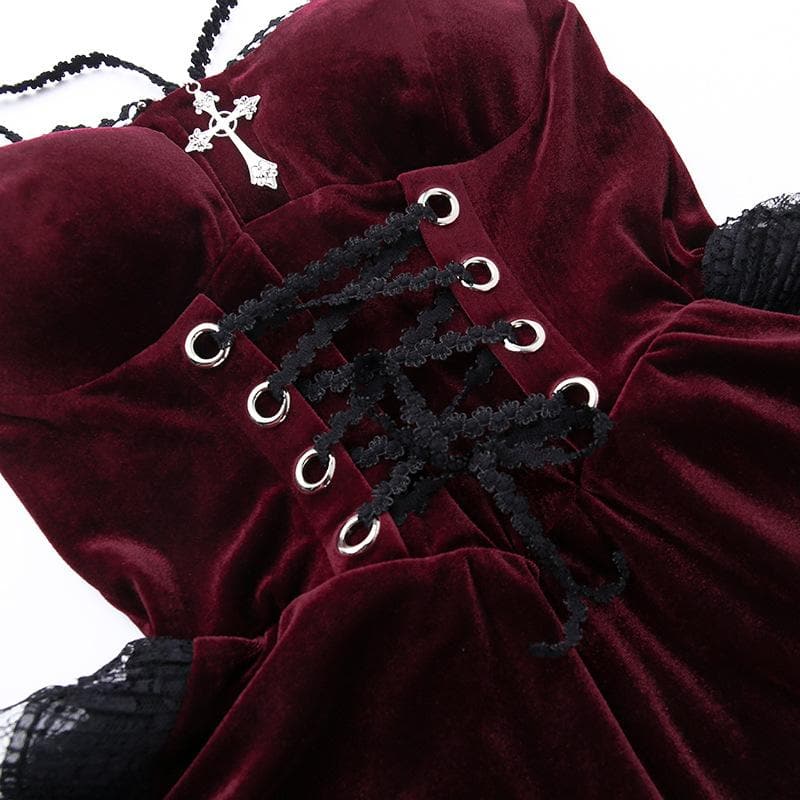Velvet lace hem ruched lace up backless irregular midi dress 8