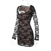 Long sleeve v neck lace contrast patchwork mini dress 3