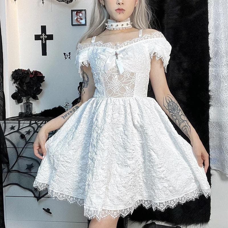 Floral Lace Off Shoulder Short Sleeve Bow Front Fit and Flare Mini Dress 3