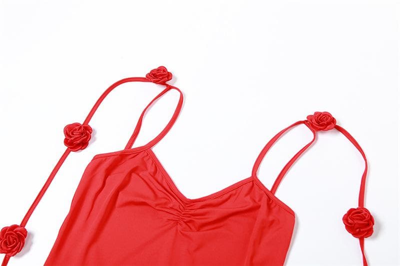 Flower applique backless solid v neck ribbon cami maxi dress 5
