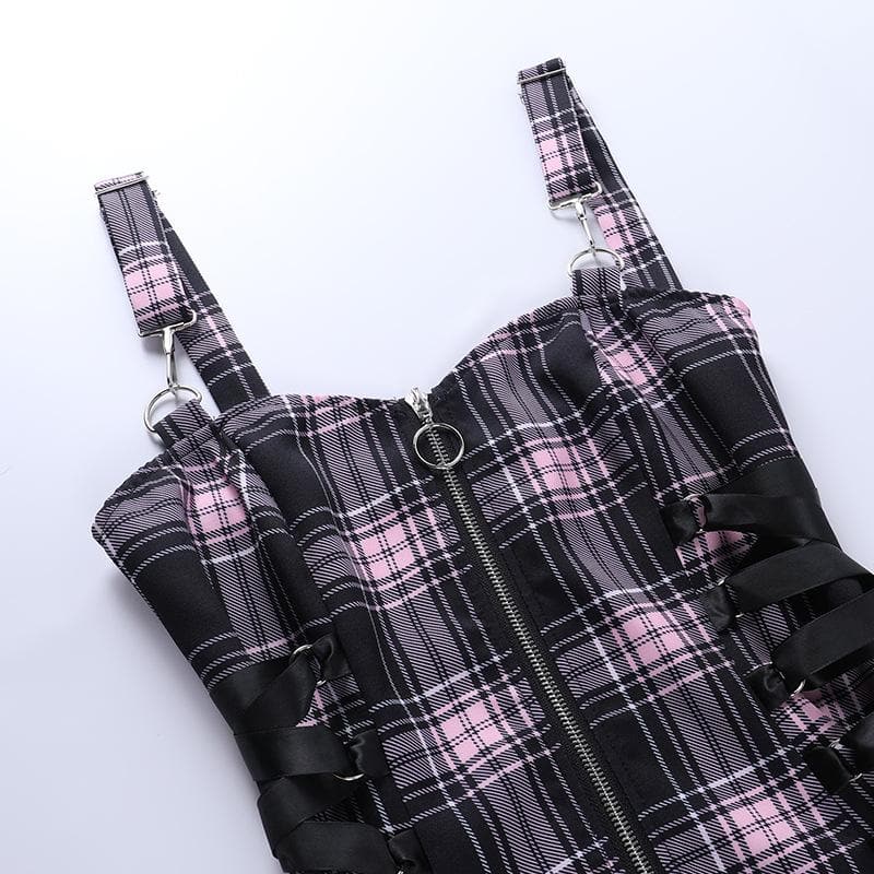 Plaid zip-up contrast sleeveless lace up backless mini dress 7