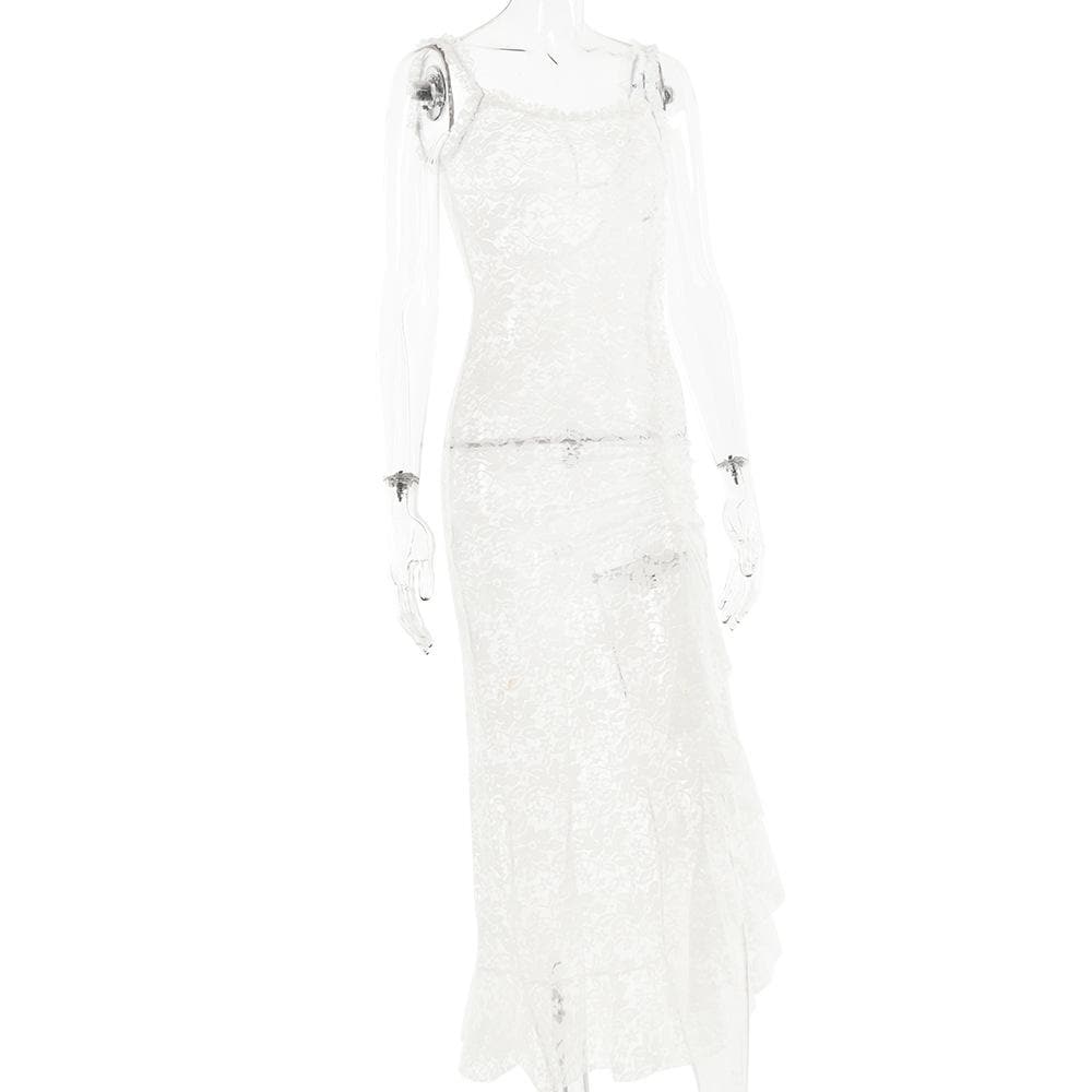 Lace see through self tie solid backless slit maxi dress 3