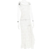 Lace see through self tie solid backless slit maxi dress 3