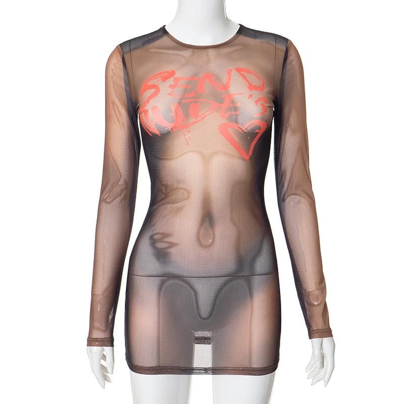Long sleeve body print sheer mesh crewneck mini dress 2