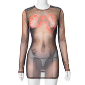Long sleeve body print sheer mesh crewneck mini dress 2